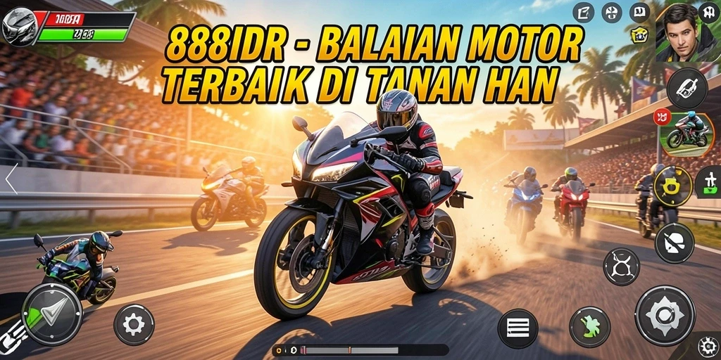 Tangkapan layar gameplay <strong>888IDR</strong> yang menegangkan dengan balapan motor yang seru.