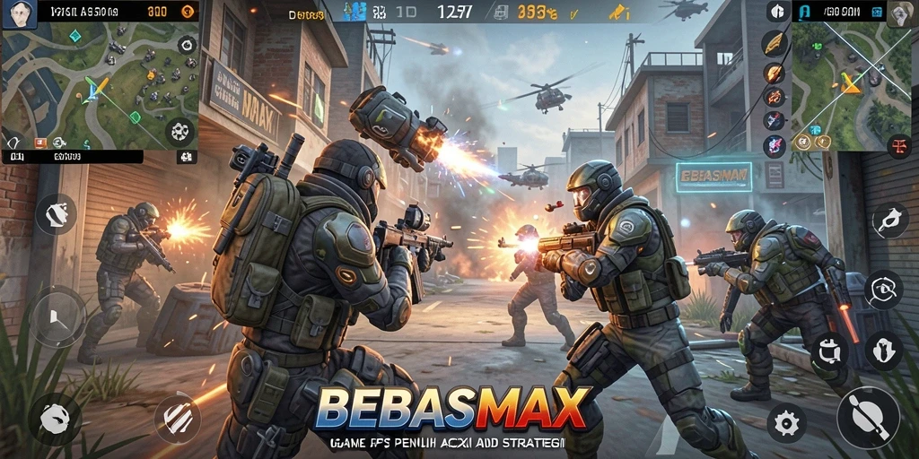 Tampilan gameplay intens BEBASMAX dengan aksi tembak-menembak yang seru.