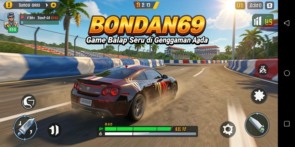 Tampilan gameplay menegangkan dalam BONDAN69 dengan mobil balap yang cepat.