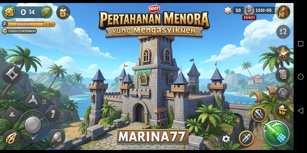 Tampilan utama gameplay Tower Defense dengan menara dan musuh yang beragam.