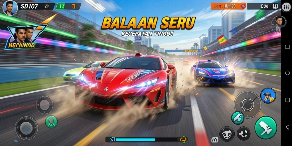 Gameplay SD107 menampilkan aksi balapan yang seru dan mendebarkan.