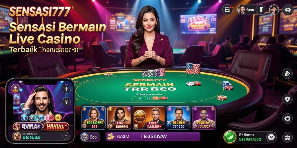 Screenshot gameplay SENSASI777 menampilkan dealer profesional dan suasana kasino yang menyenangkan.