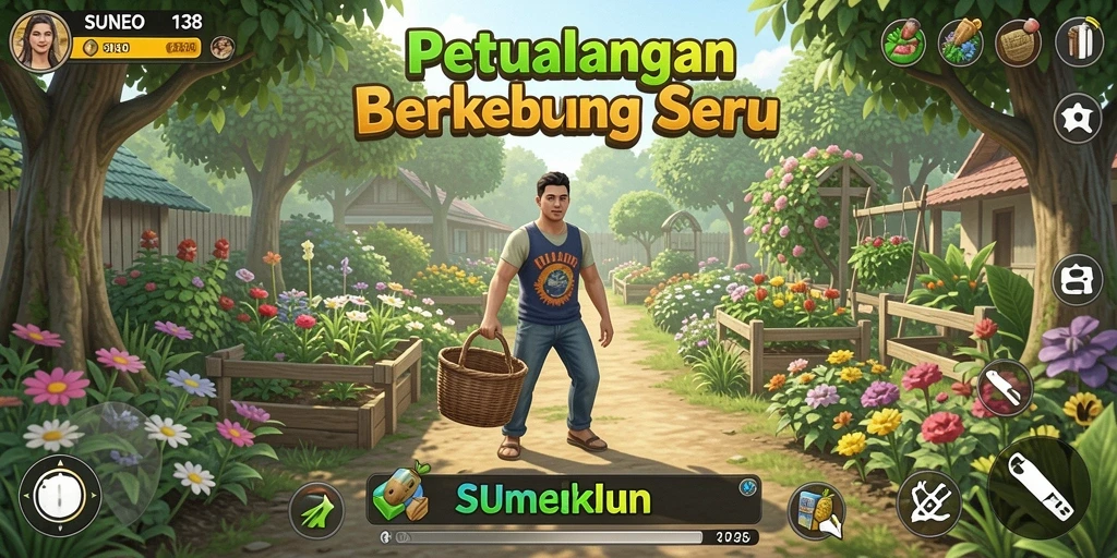 Tampilan gameplay SUNEO138 dengan kebun yang indah dan interaktif.